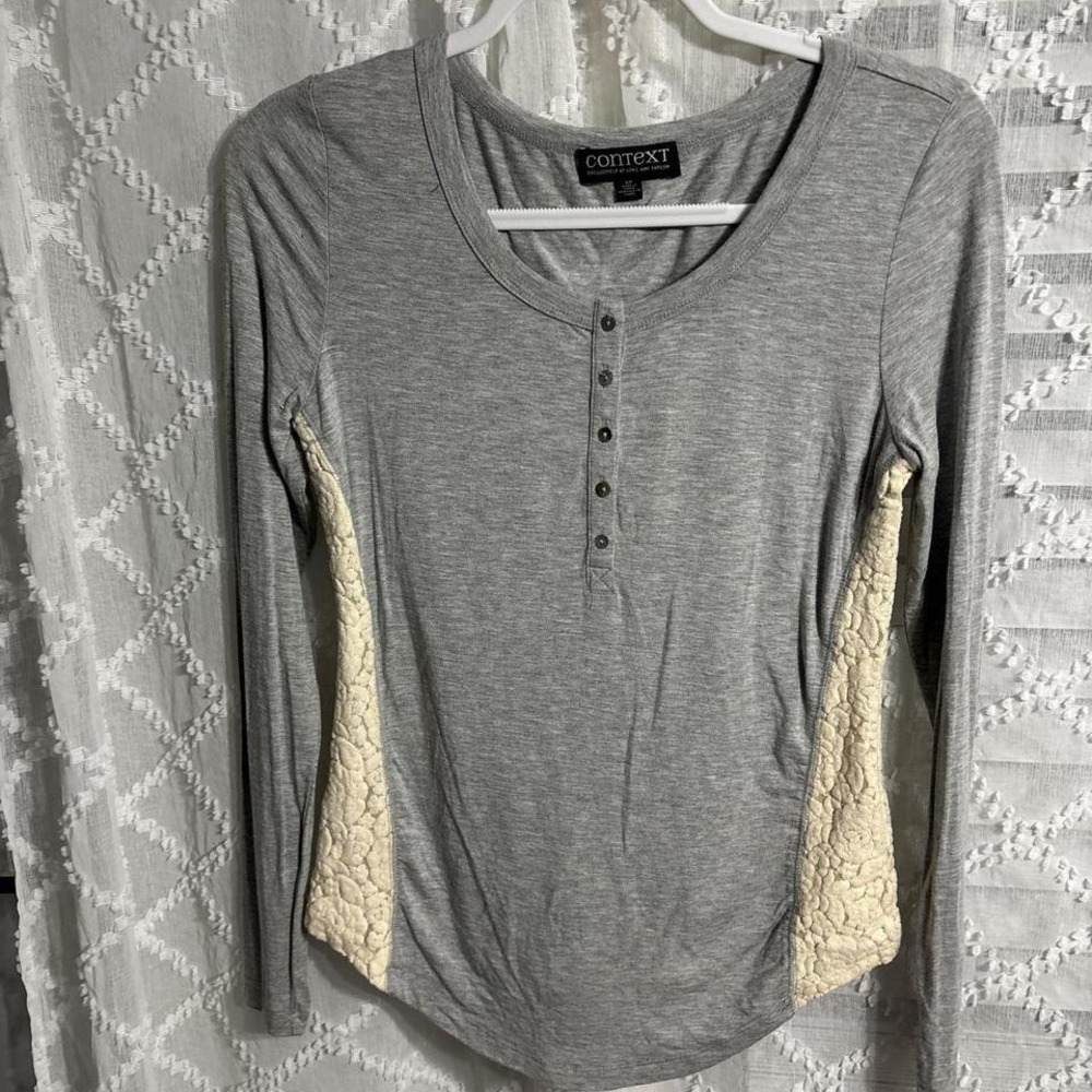 Context Lord & Taylor Womens Gray Henley Long Sleeve Lace‎ Back Top Size S Small